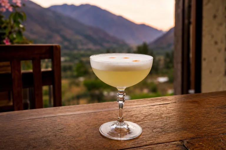 Classic Pisco Sour in a stemmed glass on a Sacred Valley dining table