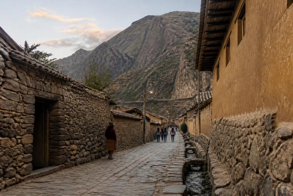 Stone street in Ollantaytambo at early evening