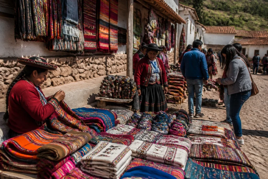 Colorful woven textiles displayed at an artisan market in Chinchero