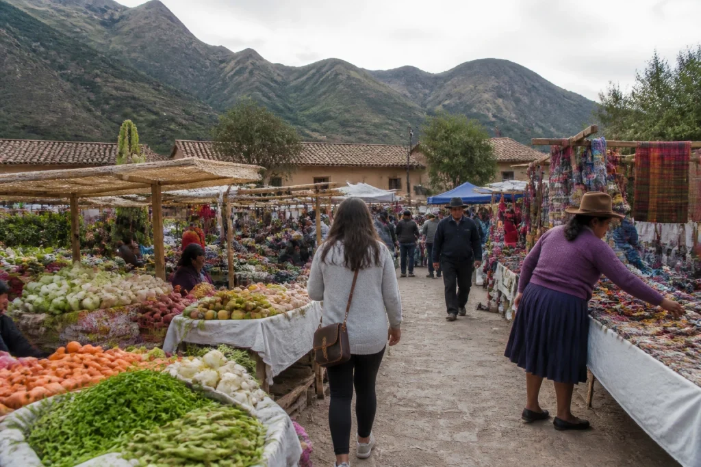 Shoppers browsing produce and crafts at the Pisac Sunday Market