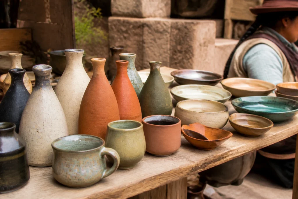 Handmade ceramic pieces displayed at an artisan stall in Urubamba