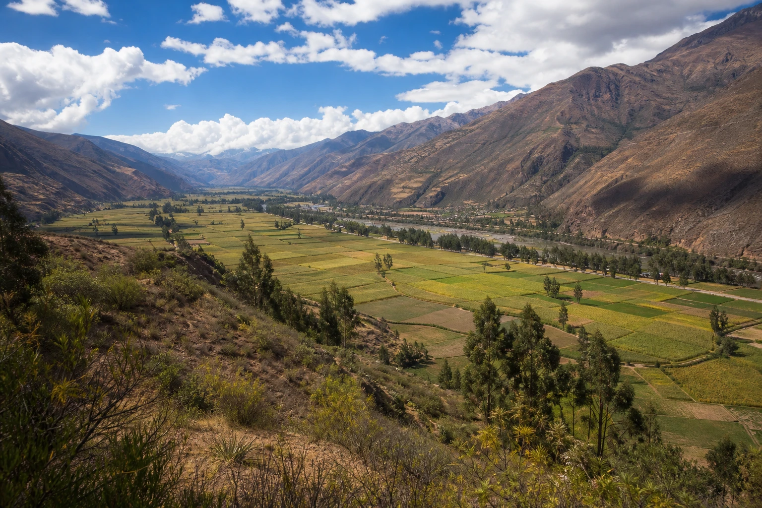 Wide daylight view of the Sacred Valley and Andean mountains in Peru