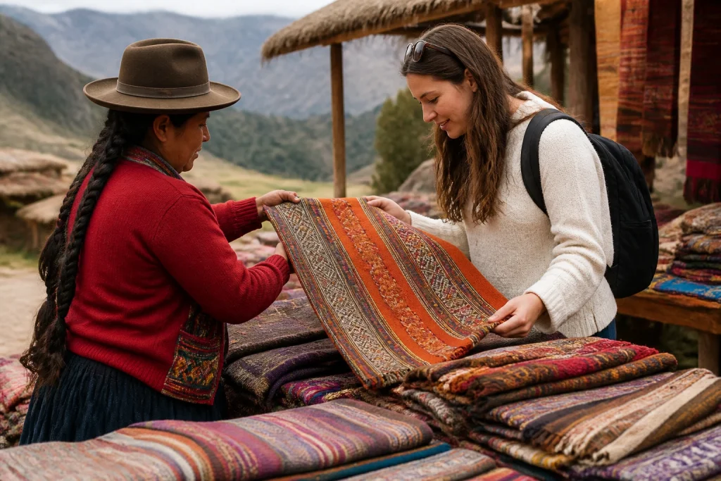 Traveler examining the weave and finish of a textile at an Andean market