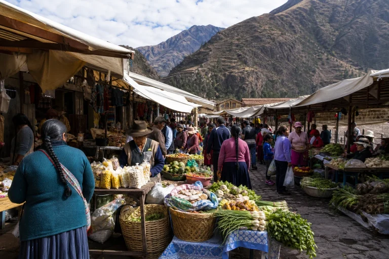 Food and produce stalls at Pisac Market in Peru’s Sacred Valley