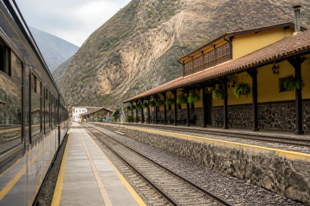 Urubamba railway station and tracks in Peru's Sacred Valley