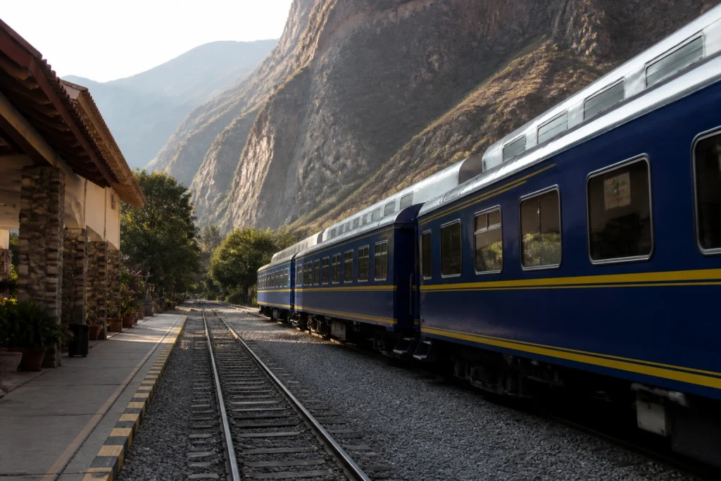 Railway tracks and passenger train at Ollantaytambo in the Sacred Valley