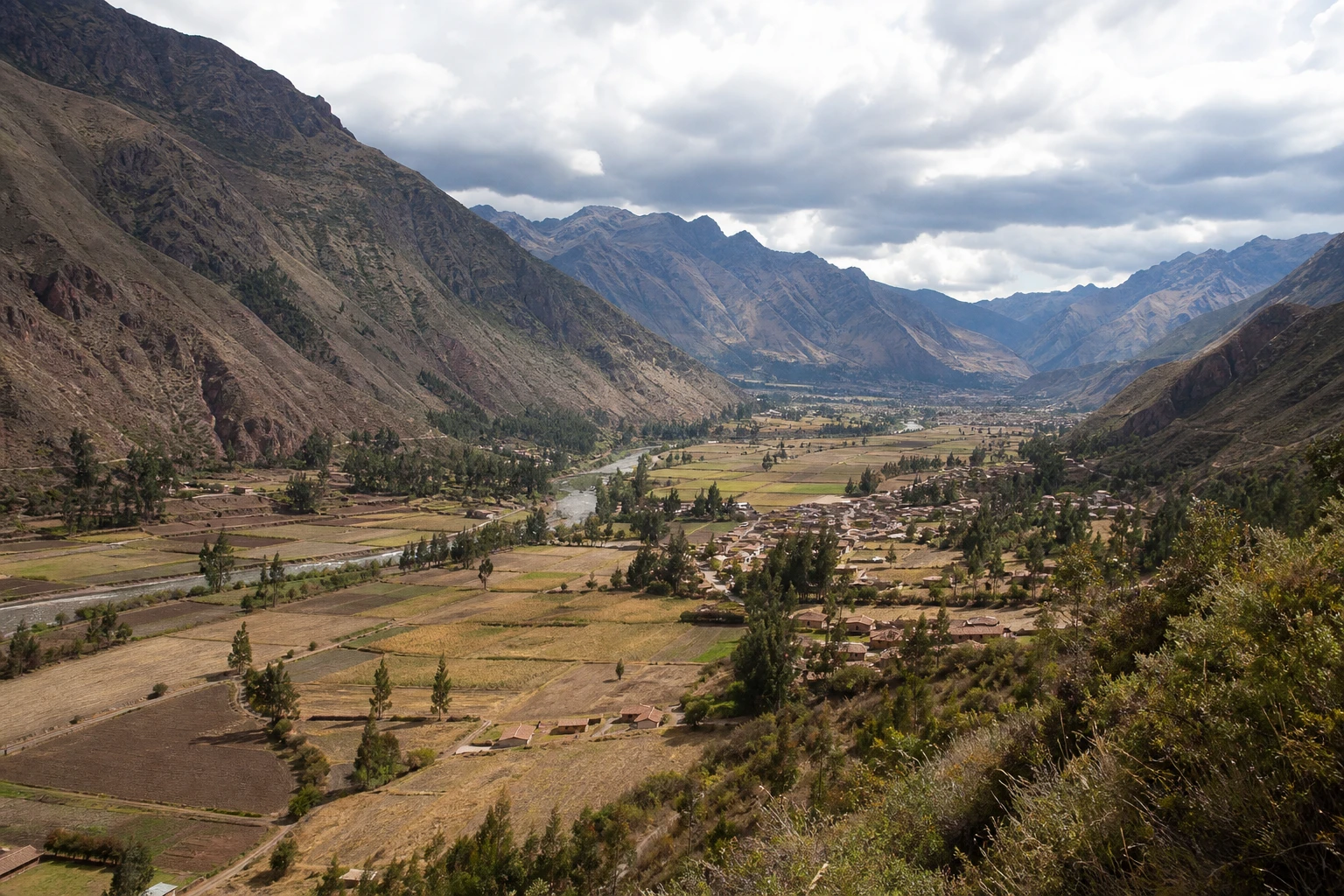 Wide view across Peru’s Sacred Valley and its surrounding Andean mountains