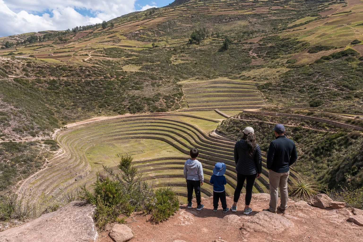 Family viewing the circular terraces at Moray in the Sacred Valley