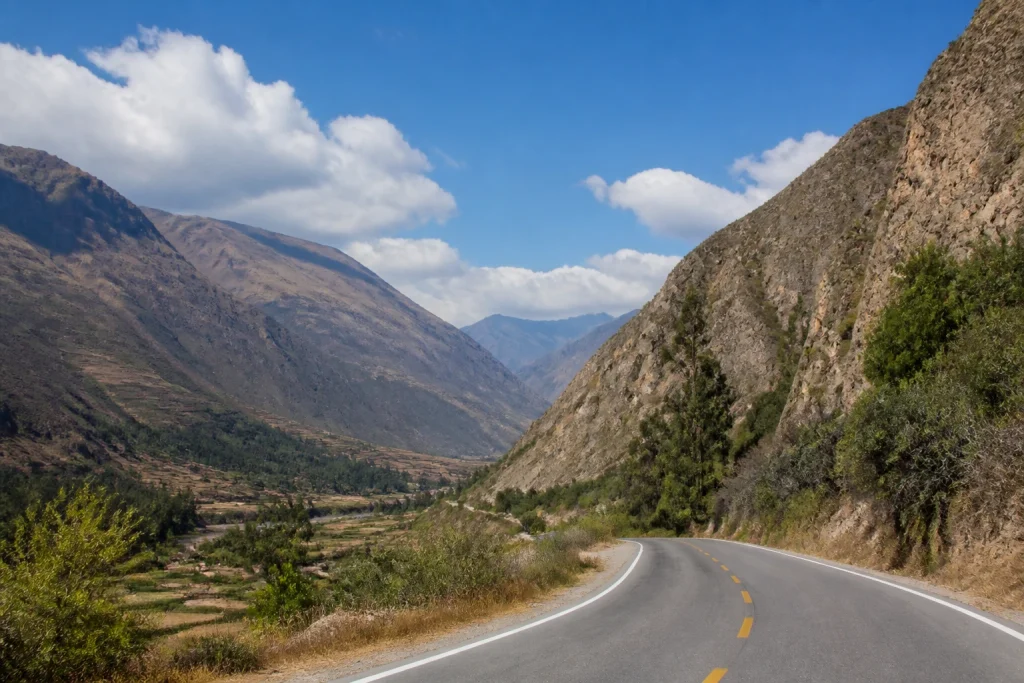 Road through the Sacred Valley between Urubamba and Ollantaytambo