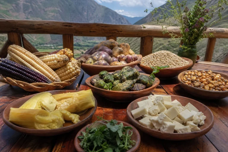 Andean dishes and ingredients served at a table in Peru’s Sacred Valley