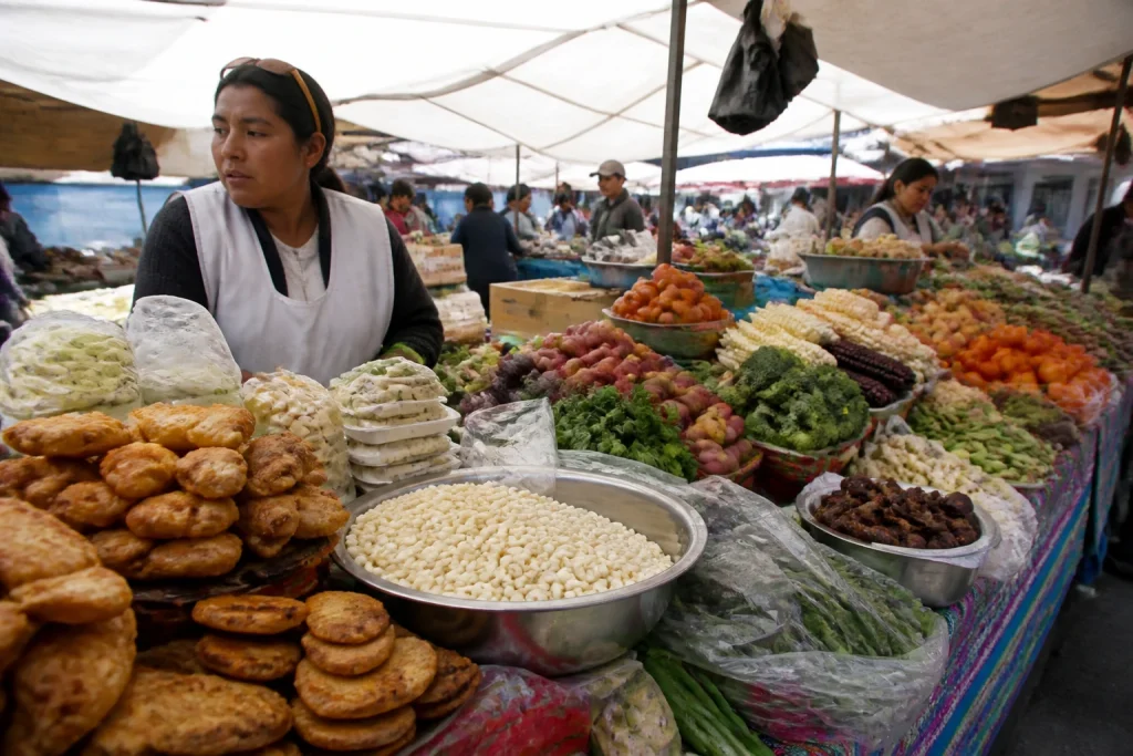 Andean produce and food stalls at Pisac Market