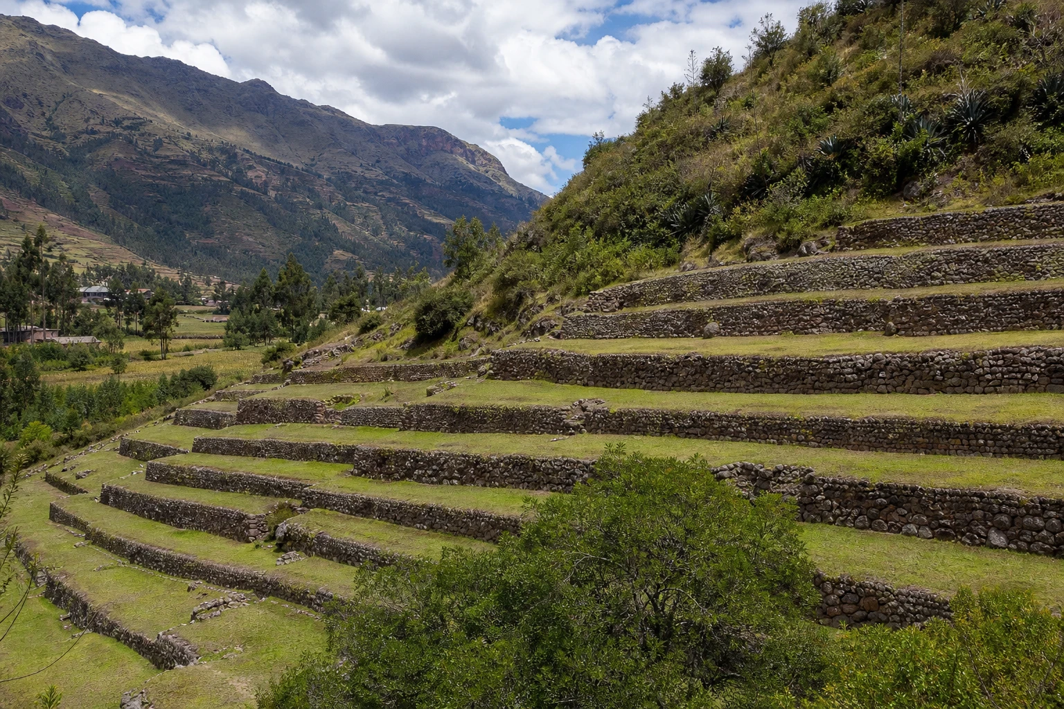 Inca agricultural terraces and retaining walls at Zona Arqueológica Yucay in Peru’s Sacred Valley