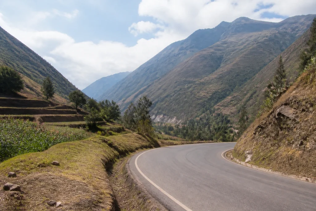 Daytime road through the highland landscape near Yucay and Urubamba