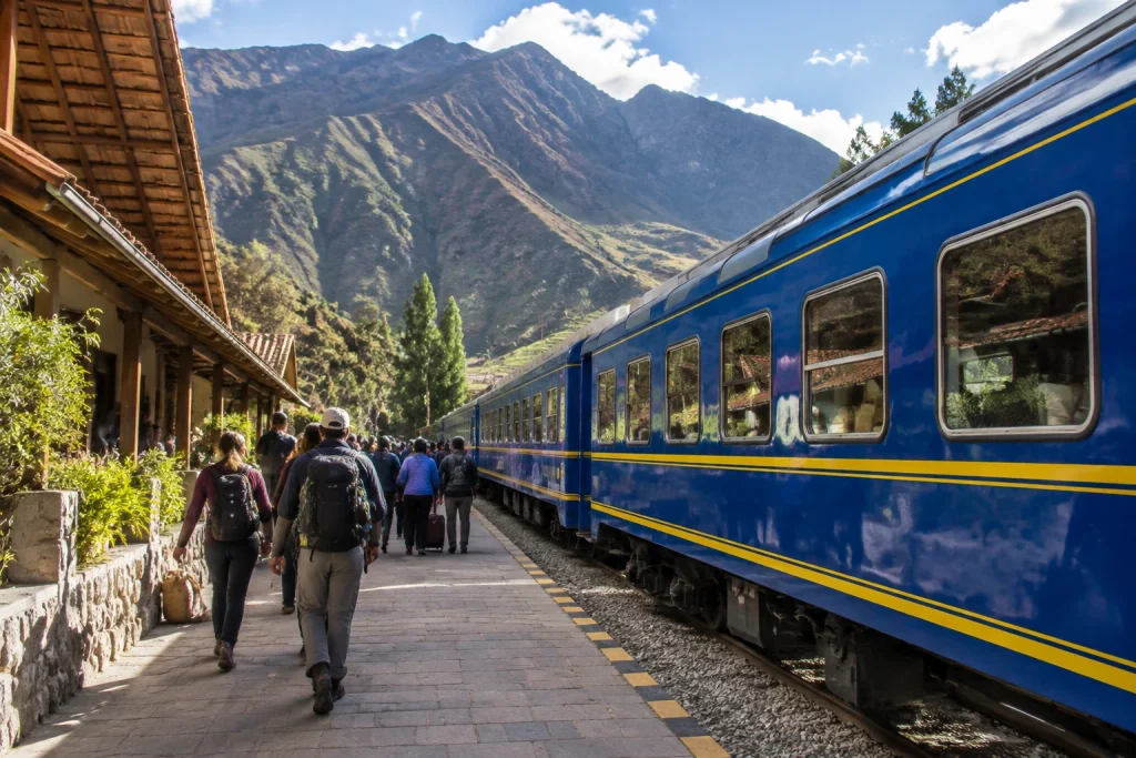 Passenger train at Ollantaytambo for the Machu Picchu rail route