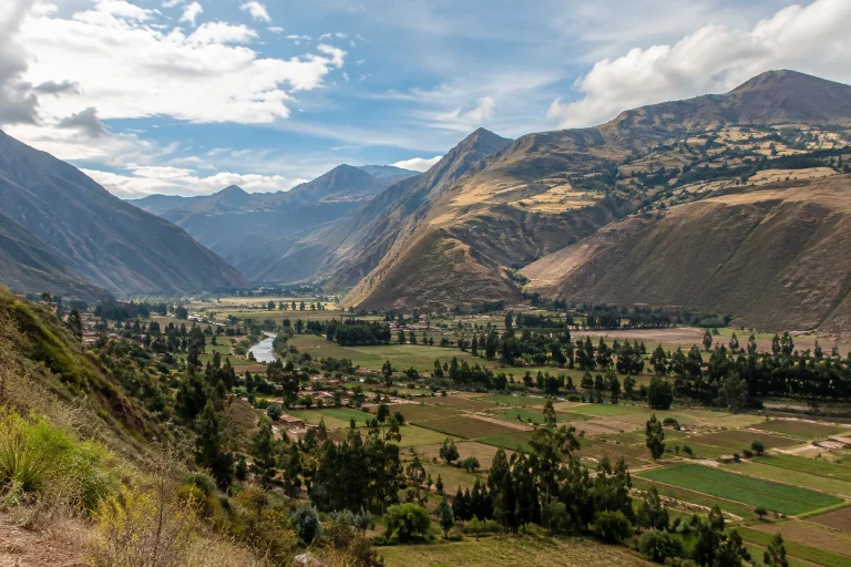 The Sacred Valley landscape in Peru, with Andean mountains and agricultural fields