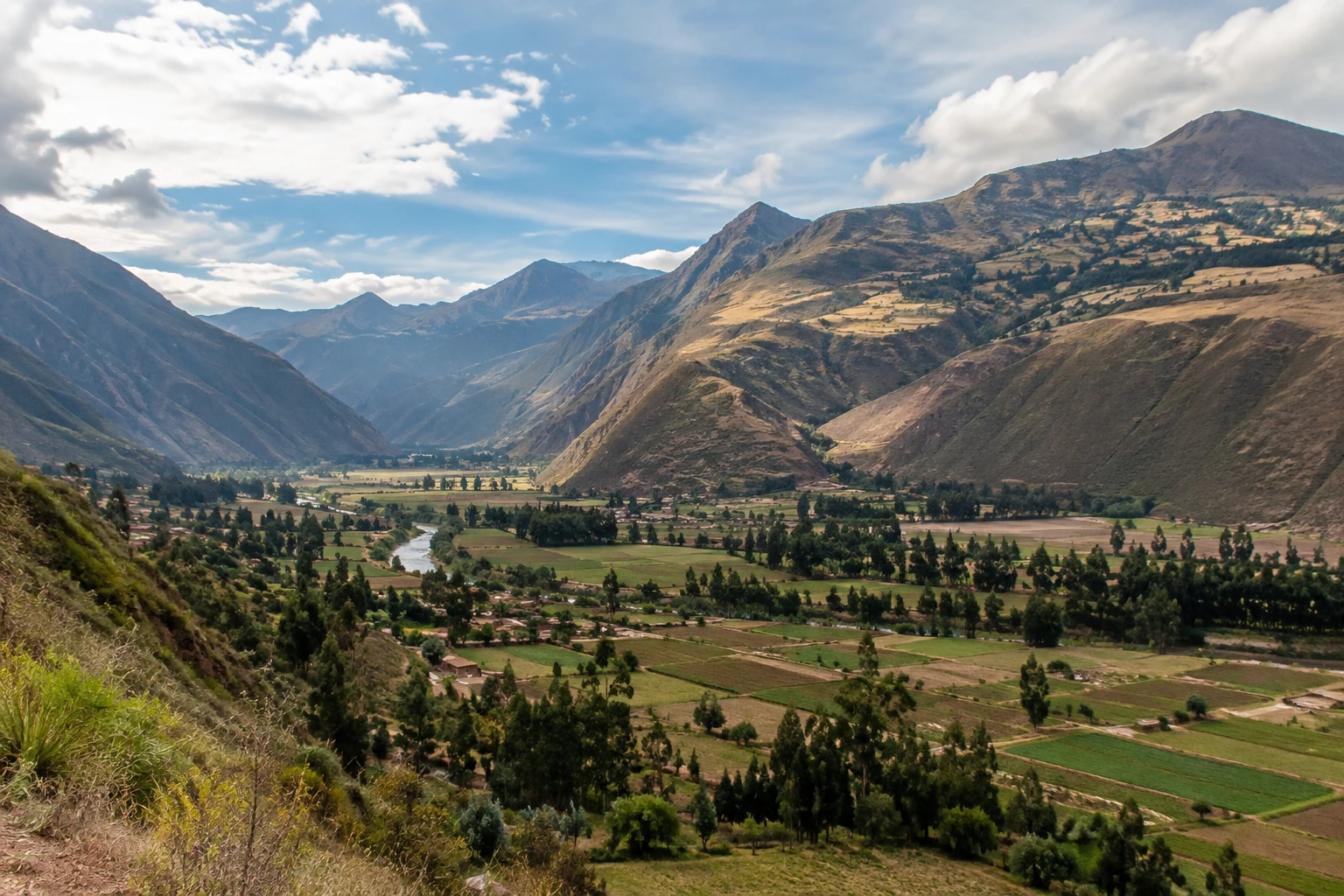 The Sacred Valley landscape in Peru, with Andean mountains and agricultural fields