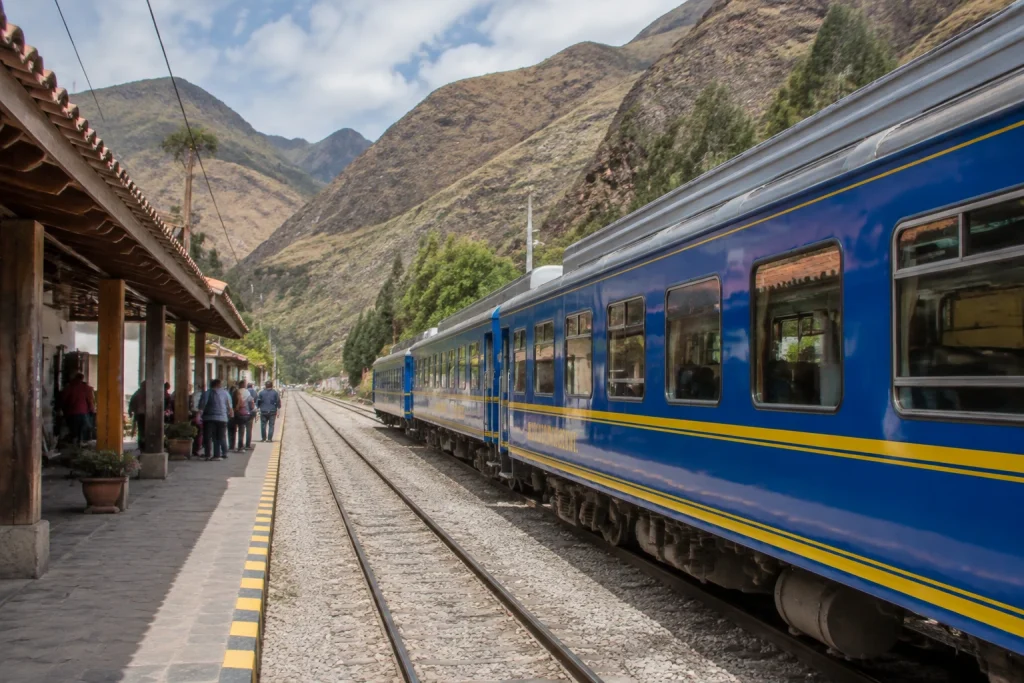 Train and railway tracks at Ollantaytambo on the route to Machu Picchu